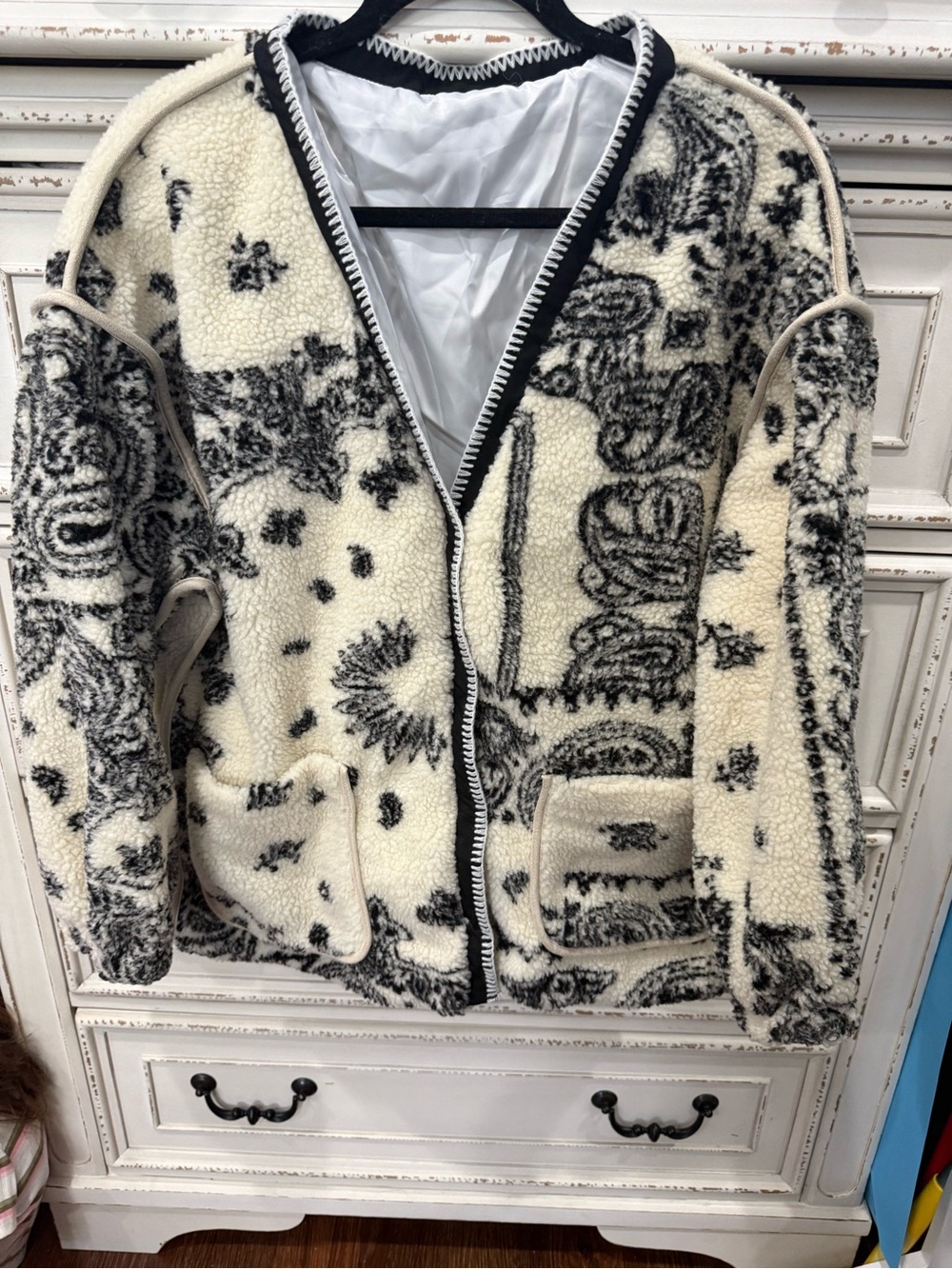 Cream and Black Paisley Sherpa Jacket - Women's Teddy Coat